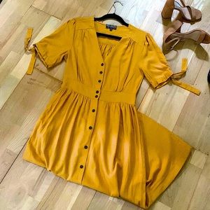 🌻LINEN RAYON DRESS SUMMER LONG BUTTON WOMENS YELLOW V-NECK SHORT SLEEVE 🌻🌻🌻